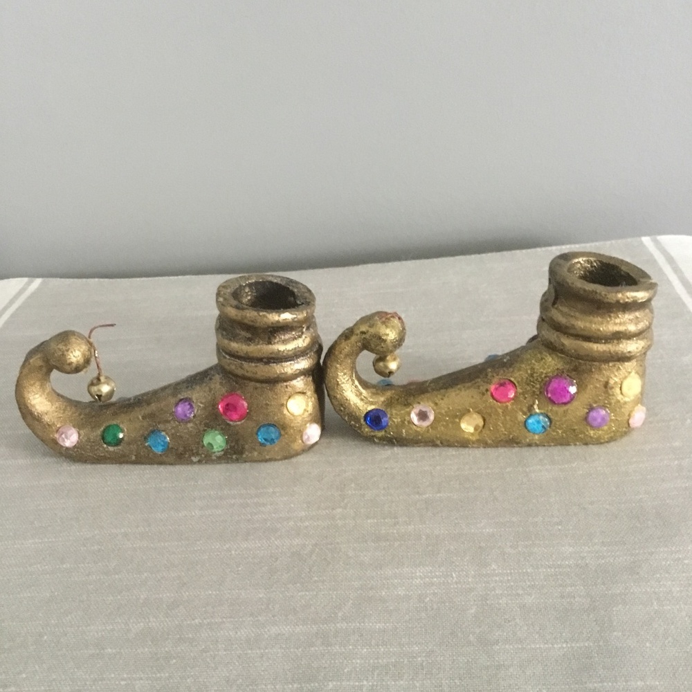 Pair of vintage elf candle holders cast iron with multicolor rhinestones